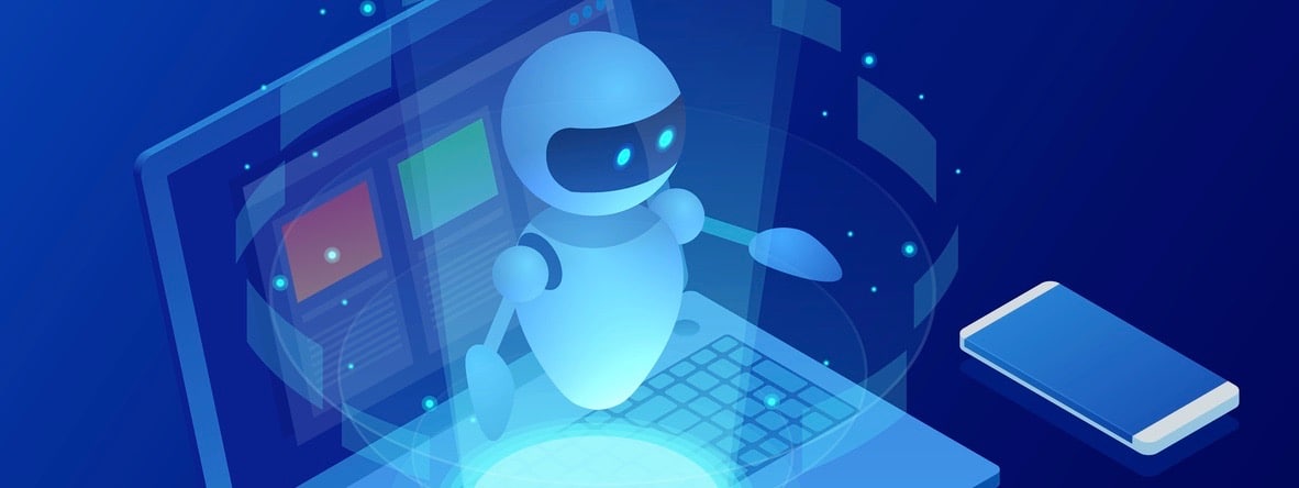 Isometric robot learning or solving problems concept. Artificial intelligence business vector illustration. Science teacher bot. Knowledge Expertise Intelligence Learn. Online training banner
