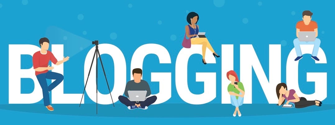 Blogging concept illustration of young people using laptops and tablets for reading blogs and websites. Flat design of guys and young women standing near big letters blogging on blue background