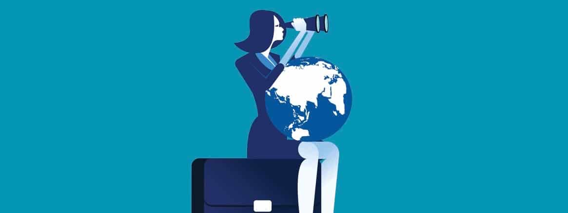 Businesswoman search for success. Concept business success vector illustration. Looking through binoculars, with the world on lap.
