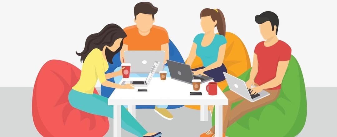 Group of creative people using laptop sitting in the room working and discussing project details. Flat concept illustration of creative teamwork, thinking and working with modern electronic devices