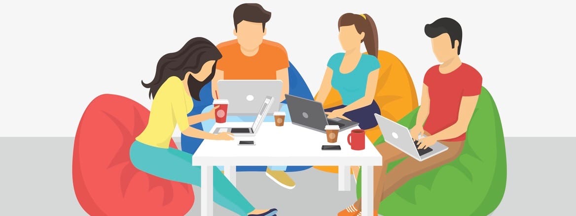 Group of creative people using laptop sitting in the room working and discussing project details. Flat concept illustration of creative teamwork, thinking and working with modern electronic devices