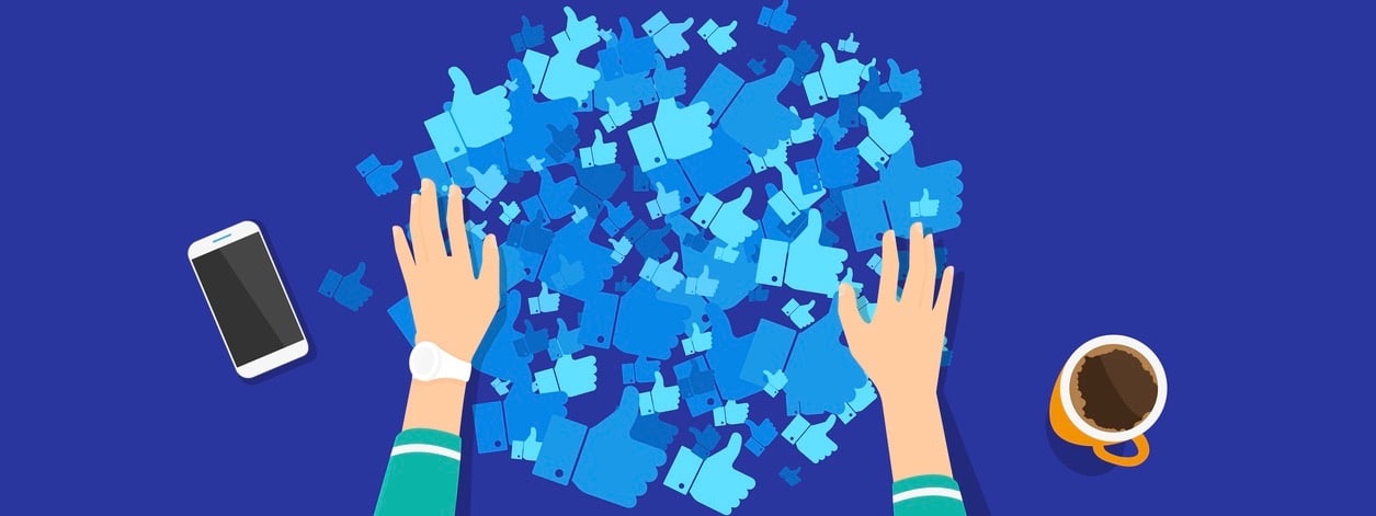 Social networks addiction to collect many likes from friends and fans in networks. Flat vector concept illustration of human hands grab many thumb up symbols on blue table.