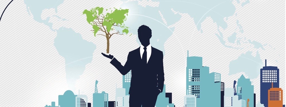 Businessman showing Tree shaped world map. Vector illustration.