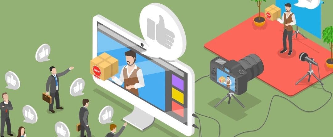 Influencer marketing flat isometric vector concept. Video blogger is representing a new product for its audience throw video post on its page.