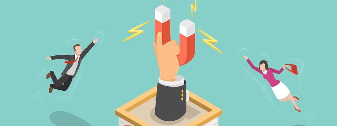 Customer retention flat isometric vector concept. Hand with magnet has appeared from the store building attracting people from everywhere.