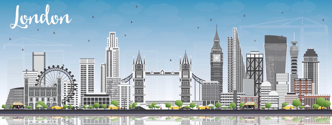 London Skyline with Gray Buildings, Blue Sky and Reflections. Vector Illustration.