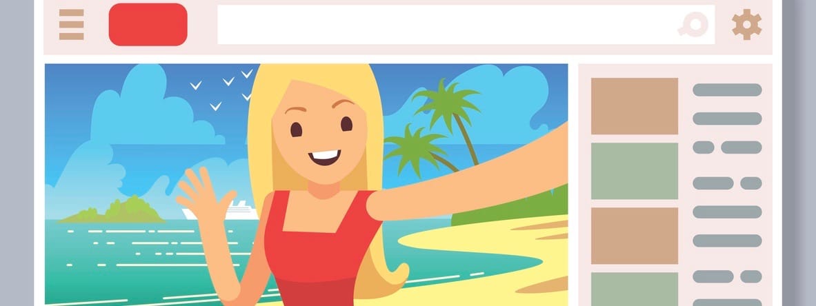 Popular cute teen girl leading online stream channel on internet video hosting. Youtuber on summer vacation vector illustration concept