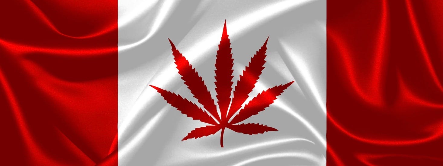 Illustration of marijuana leaf in a Canadian waving flag.
