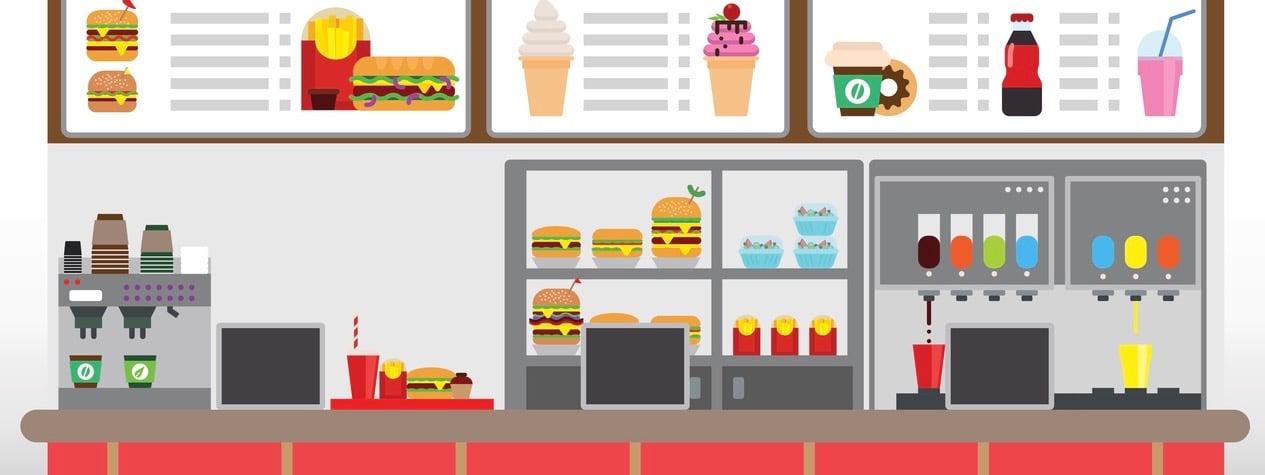 Fast food restaurant interior with hamburgers, french fries, and beverages. Food court concept, Flat design vector illustration