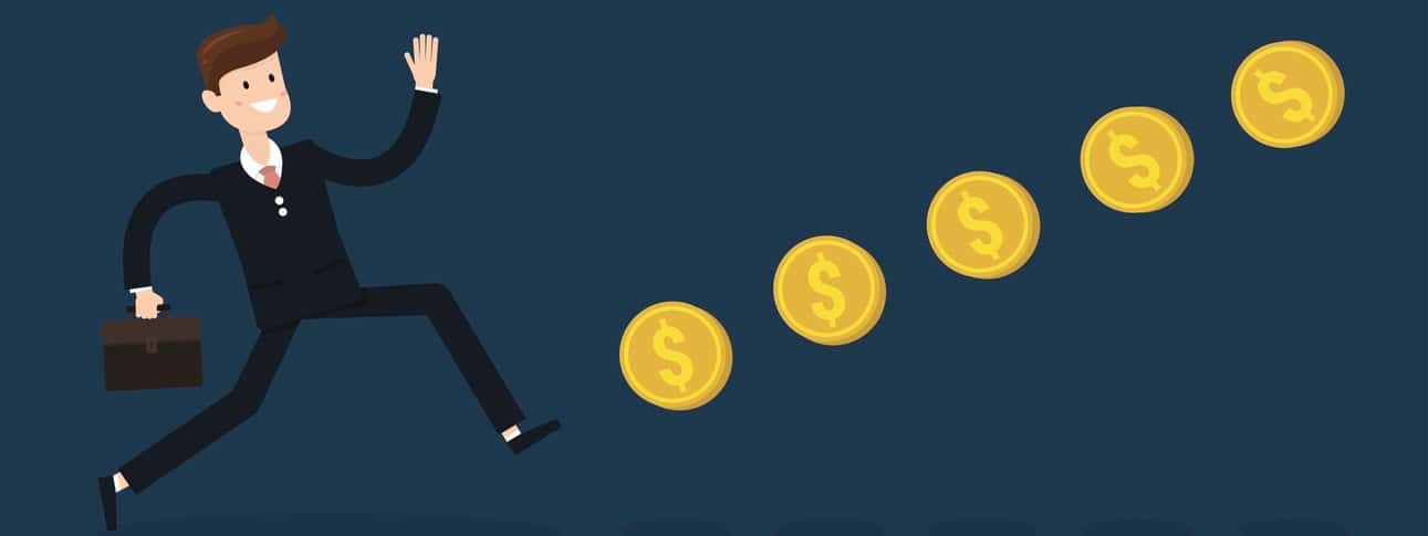 businessman chasing coins video game style. Vector illustration.