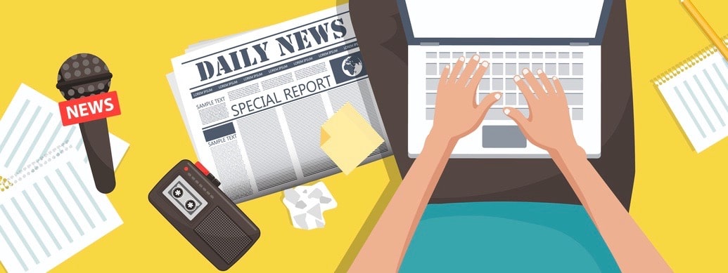 Independent journalism flat banner. Man sitting on the floor holding lap top in his lap with equipment for journalist. Flat vector illustration