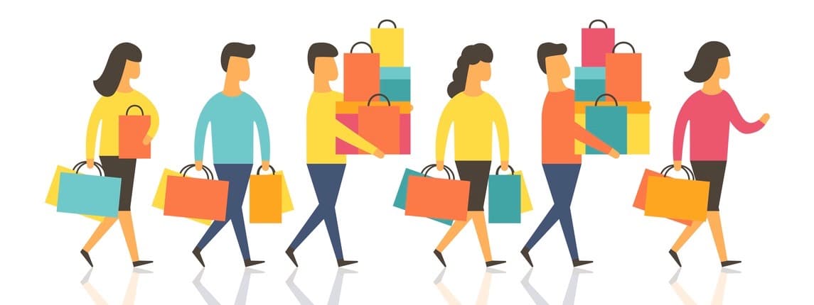 Shopping people, man and woman with bags walking in line queue. Vector illustration