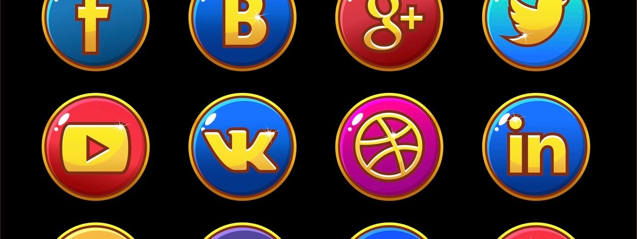 Golden and colored icons Social media. Vector circle buttons set