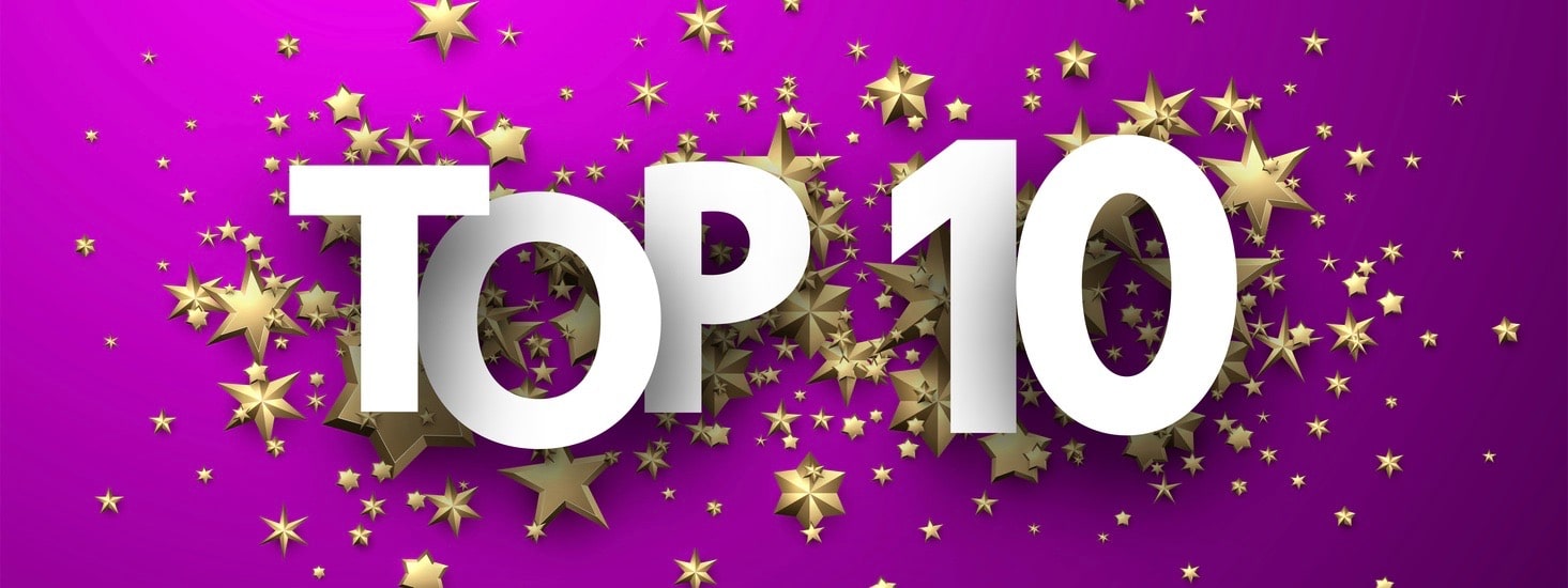 Top 10 sign with gold stars. Rating or hit-parade header. Vector background.