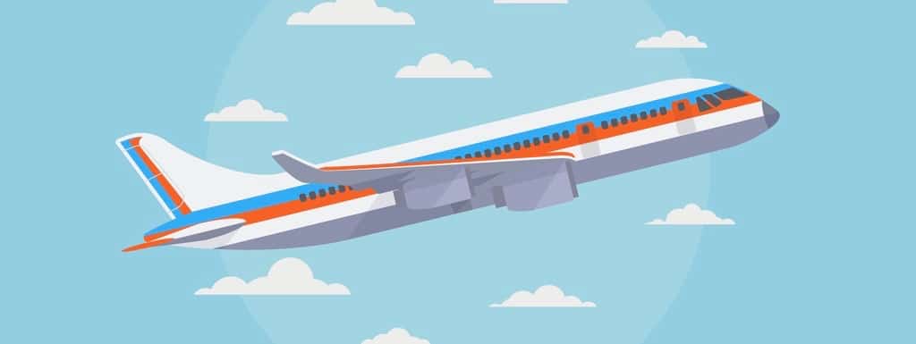 Airplane in blue sky with white clouds. Traveling and air freight vector concept. Airplane transportation tourism, commercial plane illustration