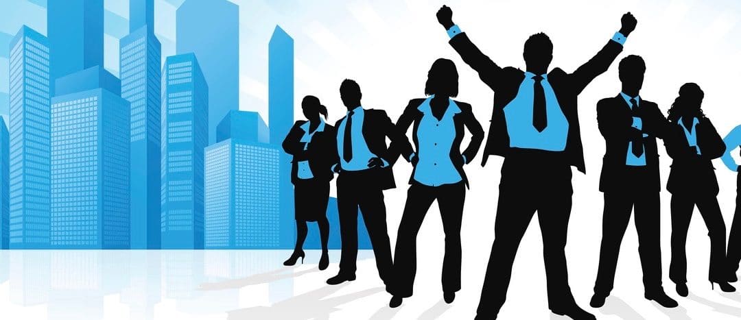 Winning Business Team against City Skyline