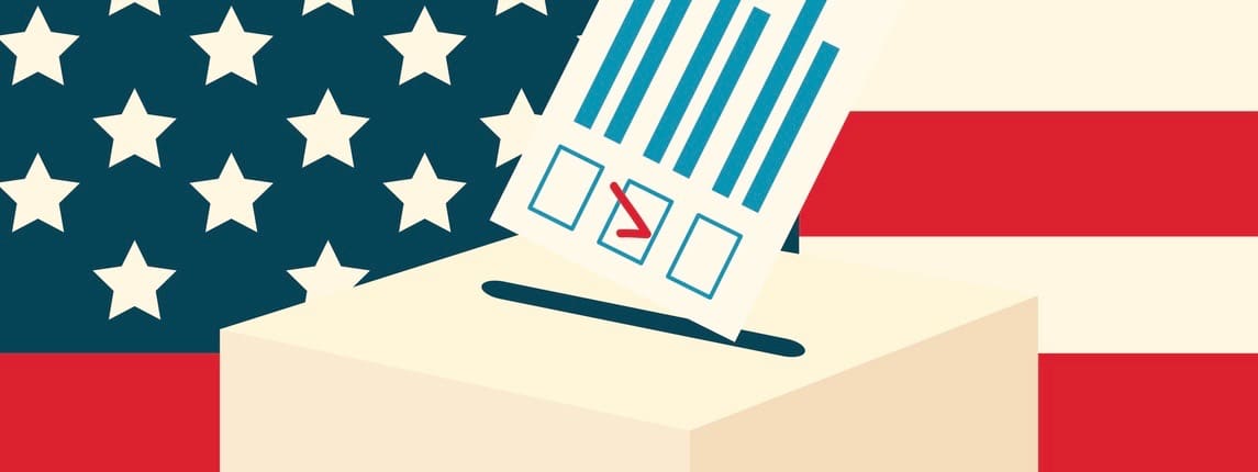 USA election concept. Voting paper and a ballot box with american flag on a background, flat design, vector illustration