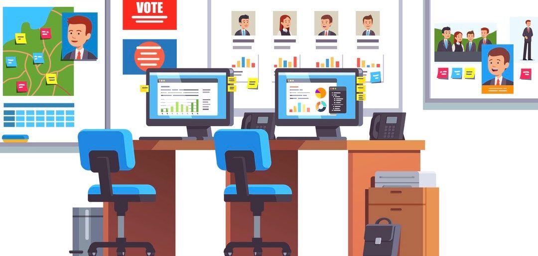 Election race campaign headquarters with analyst desk, computers, chairs, wall posters, map, progress diagrams, candidate portraits. Politician campaign managers HQ office. Flat vector illustration