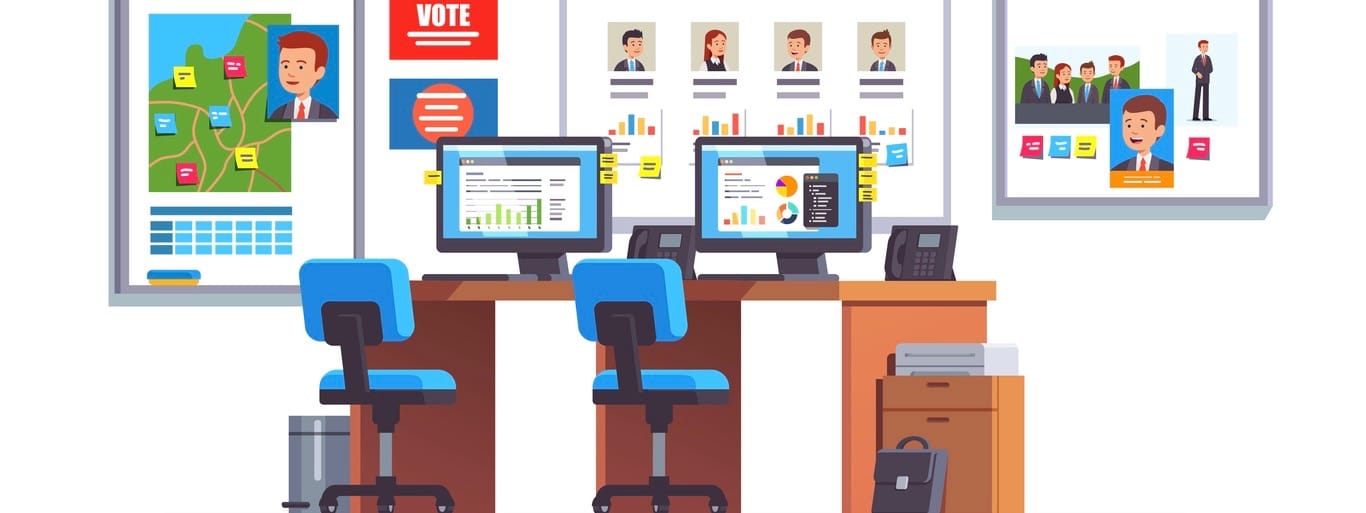 Election race campaign headquarters with analyst desk, computers, chairs, wall posters, map, progress diagrams, candidate portraits. Politician campaign managers HQ office. Flat vector illustration