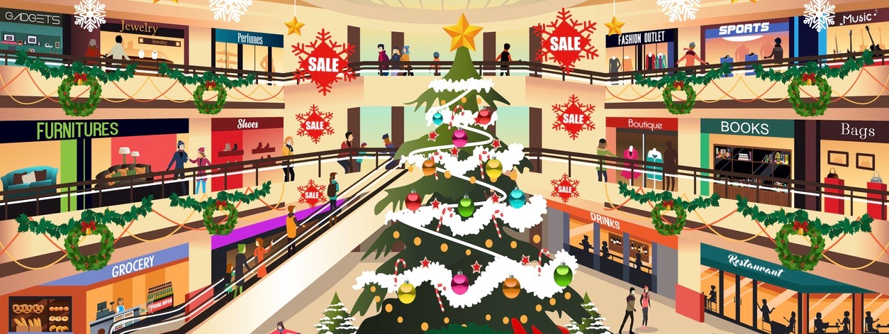 A vector illustration of Shopping Mall During Christmas