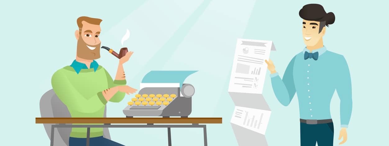 Young caucasian white journalist smoking a pipe and writing an article on a vintage typewriter while his asian colleague stands with document in hand. Vector cartoon illustration. Horizontal layout. (Young caucasian white journalist smoking a pipe and
