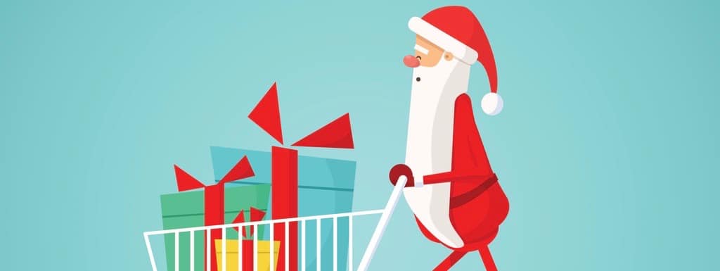 Christmas Santa Claus carrying gifts in trolley. Santa Claus Cartoon Character. Christmas card with Santa Claus.