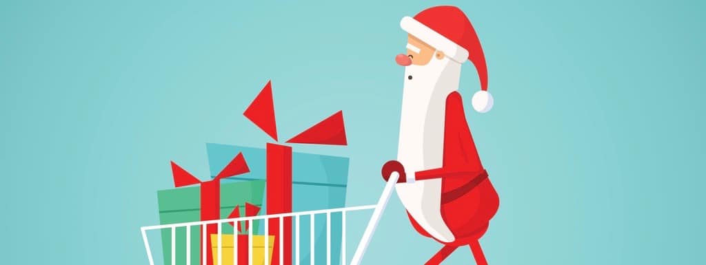Christmas Santa Claus carrying gifts in trolley. Santa Claus Cartoon Character. Christmas card with Santa Claus.