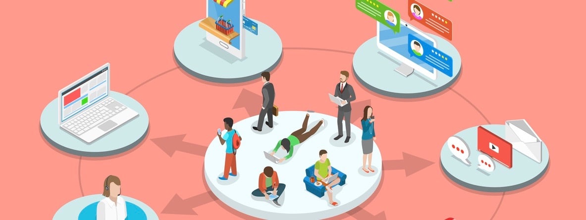 Omnichannel flat isometric vector concept. Customers surrounded by many communication types with seller.