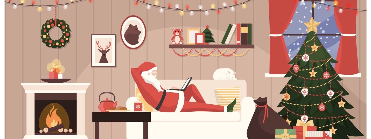 Santa Claus relaxing on the sofa at home and connecting with a laptop on Christmas eve, his sack with gifts is ready (Santa Claus relaxing on the sofa at home and connecting with a laptop on Christmas eve, his sack with gifts is ready, ASCII, 117 comp