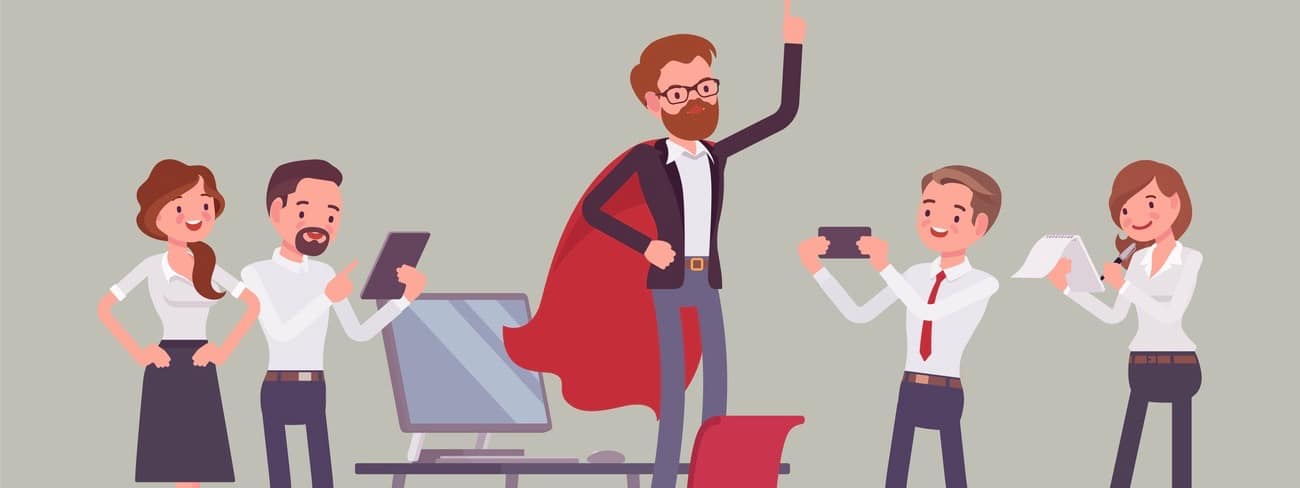 Office hero admired by colleagues for courage, outstanding business achievements, extraordinary sale, market powers, ideal manager in superhero cloak boasting. Vector flat style cartoon illustration (Office hero admired by colleagues for courage, outs