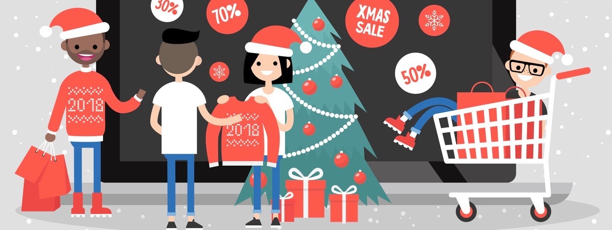 Online christmas sale. A group of millennials buying gifts online. Shopping. Internet. Concept. Flat vector illustration, clip art (Online christmas sale. A group of millennials buying gifts online. Shopping. Internet. Concept. Flat vector illustratio