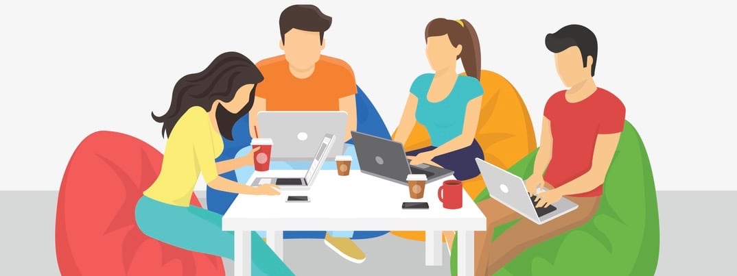 Group of creative people using laptop sitting in the room working and discussing project details. Flat concept illustration of creative teamwork, thinking and working with modern electronic devices