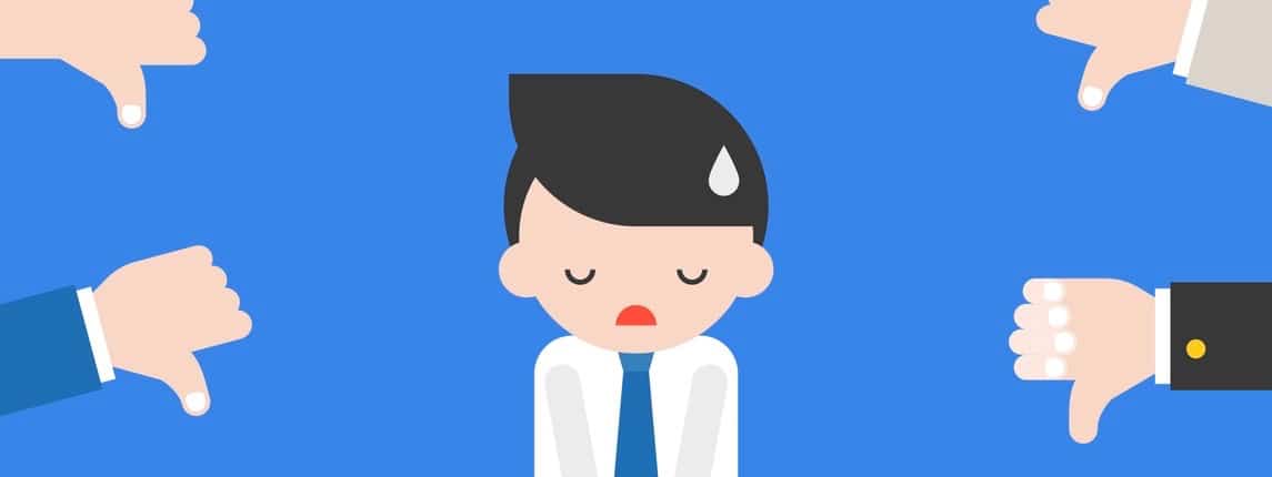 Cute businessman or politician knee on floor for responsible with dislike or thumps down, flat design vector mistake concept