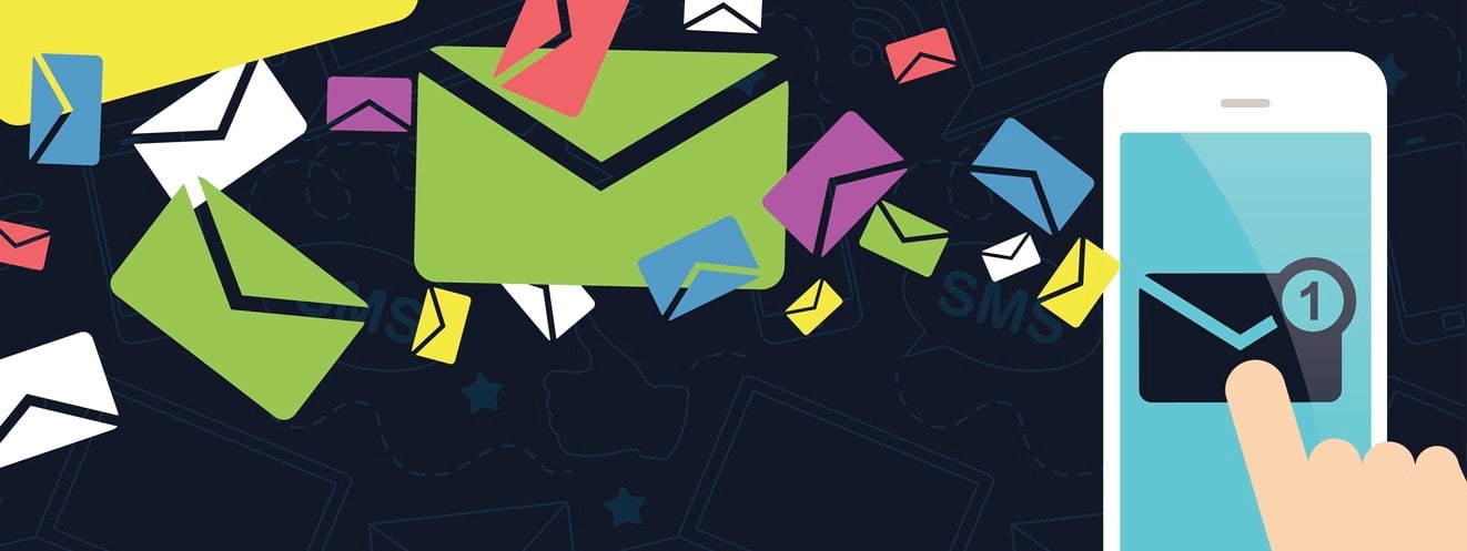 A mobile marketing design concept with a mobile phone receiving a new email. A brightly colored E-mail concept including a person tapping an email envelope icon on their smart phone.