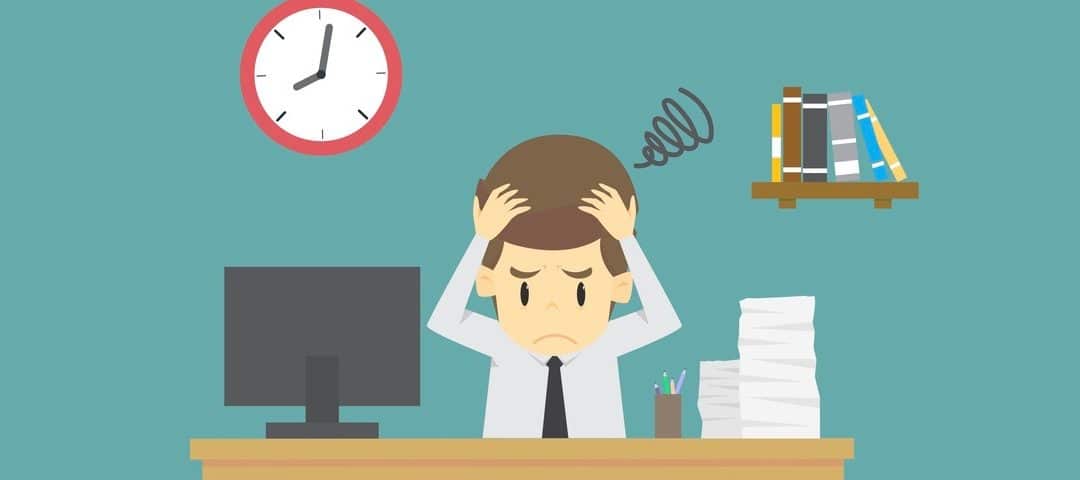 Businessman strain very headache on office table work hard.cartoon of business success is the concept of the man characters business, the mood of people,background, infographic. illustration vector (Businessman strain very headache on office table wor