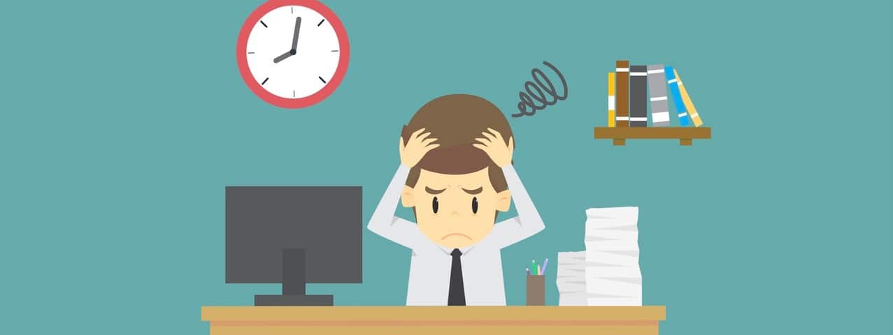 Businessman strain very headache on office table work hard.cartoon of business success is the concept of the man characters business, the mood of people,background, infographic. illustration vector (Businessman strain very headache on office table wor