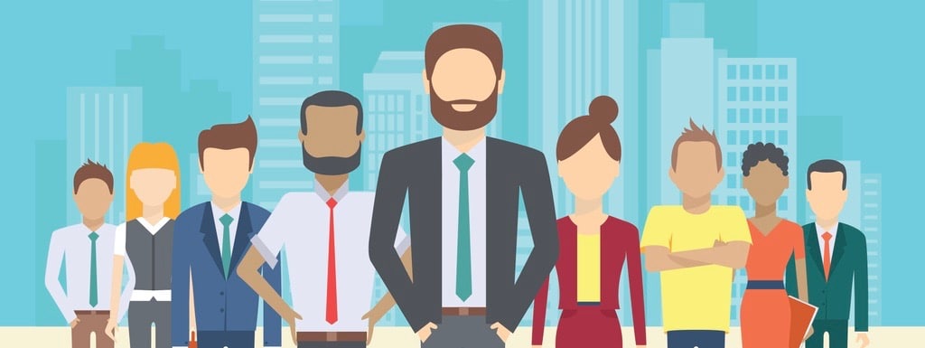 Set of business people, collection of diverse characters in flat cartoon style on the city background, vector illustration