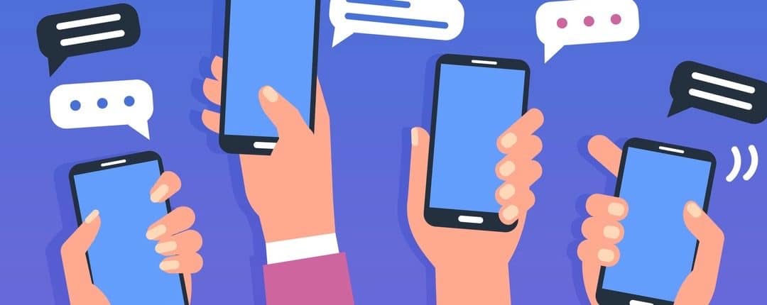 Hands holding smartphones. Social media chat concept. Flat style vector illustration.