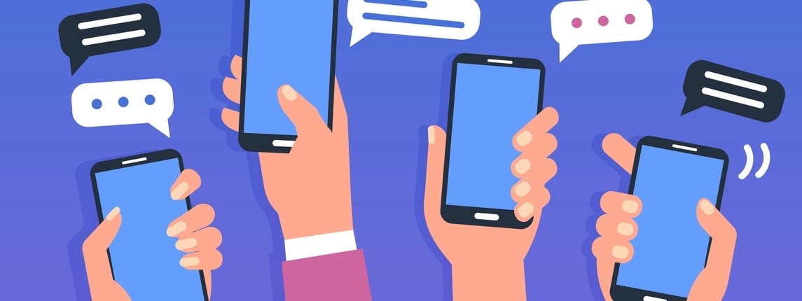 Hands holding smartphones. Social media chat concept. Flat style vector illustration.