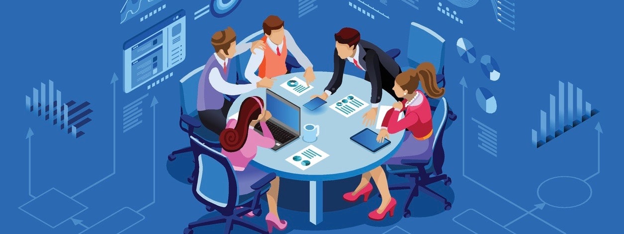 Isometric people team contemporary management concept. Can use for web banner, infographics, hero images. Flat isometric vector illustration isolated on blue background.√Ç