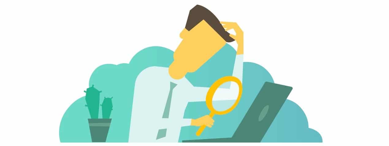 Businessman with magnifier in hand looking for something in the laptop sitting at the table. Lost and trying to find error page 404 not found (Businessman with magnifier in hand looking for something in the laptop sitting at the table. Lost and trying