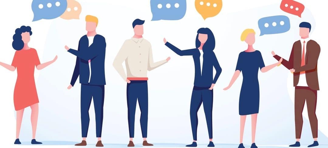 Vector illustration flat style, businessmen discuss social network group of people, news social networks, meeting chat, dialogue speech bubbles. Flat vector illustration. Business coworking conference (Vector illustration flat style, businessmen discu