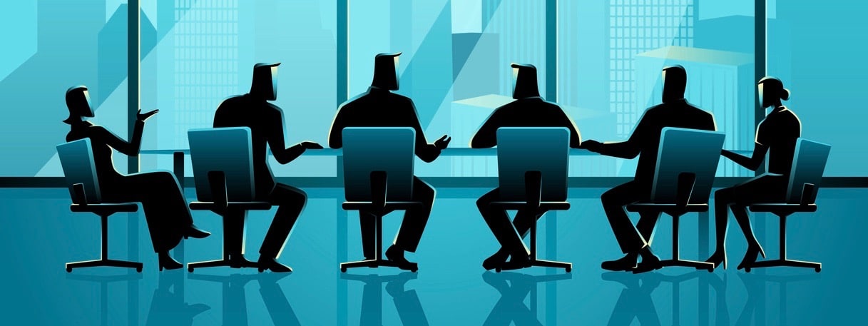 Business illustration of business people having a meeting in executive conference room with cityscape as the background