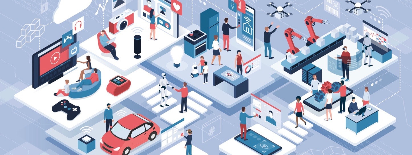 Blockchain, internet of things and lifestyle: people using connected devices and touch screen interfaces, robots and smart industry (Blockchain, internet of things and lifestyle: people using connected devices and touch screen interfaces, robots and s