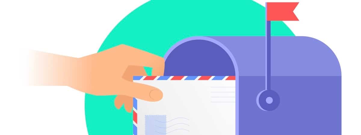 Human hand is taking out an envelope from a mailbox. Flat vector illustration of postbox and a hand holding avia letter. Receiving a correspondence, postal, mail concept isolated on white background. (Human hand is taking out an envelope from a mailbo