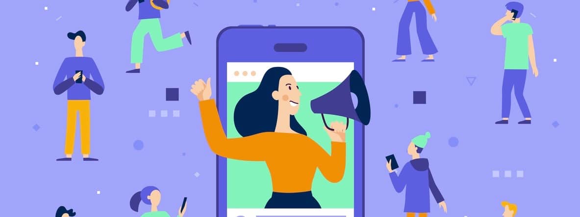 Vector illustration in flat simple style with characters - influencer marketing concept - blogger promotion services and goods for her followers online