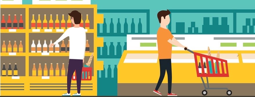 People in supermarket. Vector flat illustration. People shopping. Indoor market. Grocery store