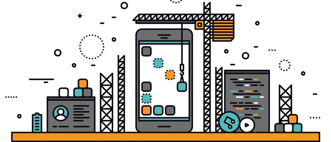 Thin line flat design of mobile apps construction site, smartphone user interface building process, api coding for phone application. Modern vector illustration concept, isolated on white background.