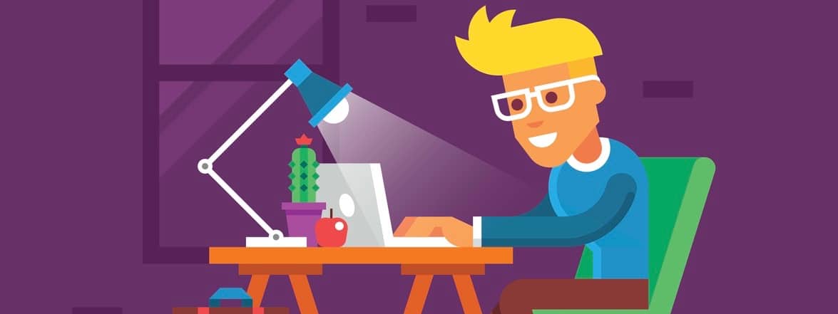 Handsome young man working on his laptop. Creative colorful illustration in flat design.