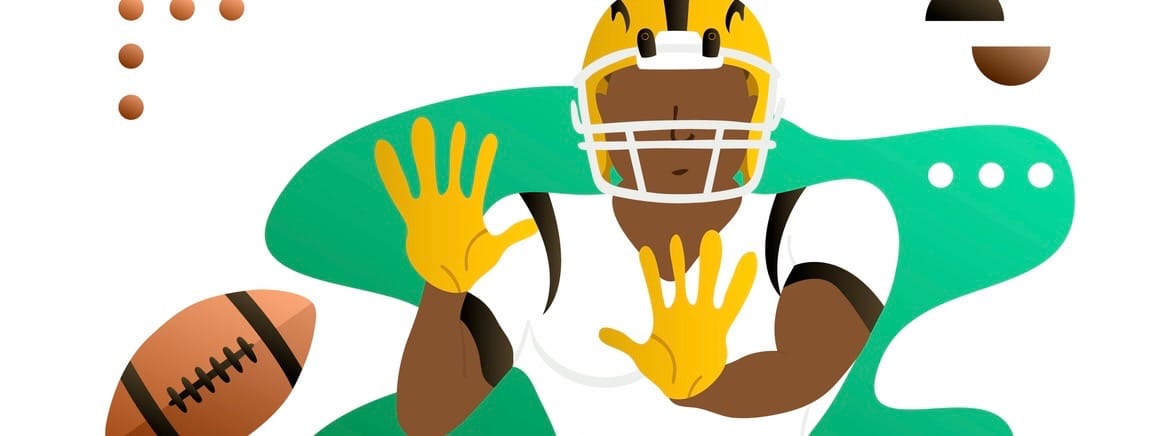 American football player catching the ball. Cartoon character. Creative vector illustration